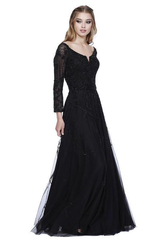 Shail K - 12164 Beaded and Sequin Ornate Long Flowy Evening Gown in Black