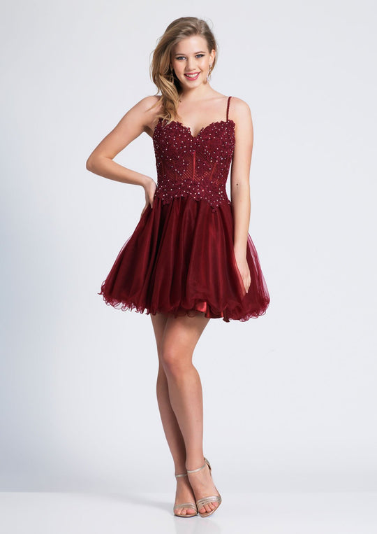 Dave & Johnny - 3394 Jewel Appliqued Corset A-Line Gown In Red