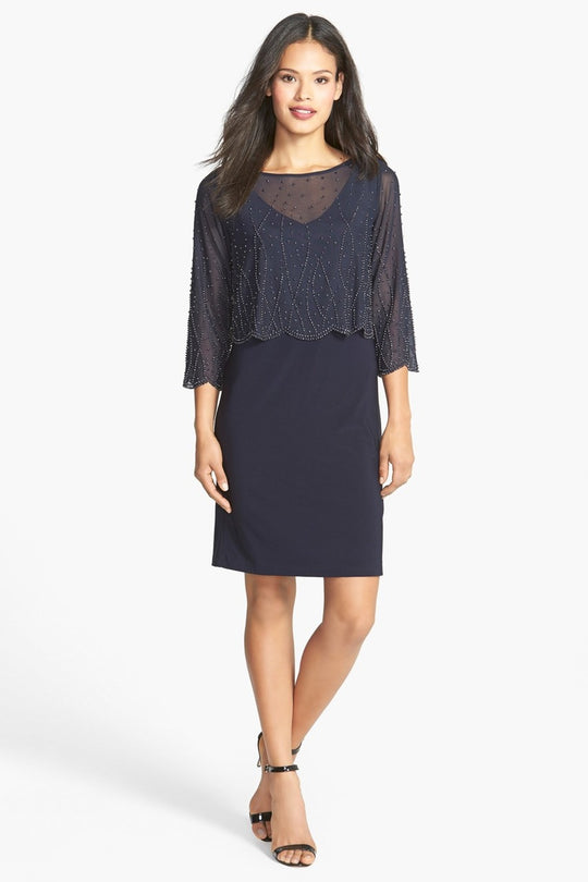 Patra - 13183 Embellished Popover Sheath Dress in Blue