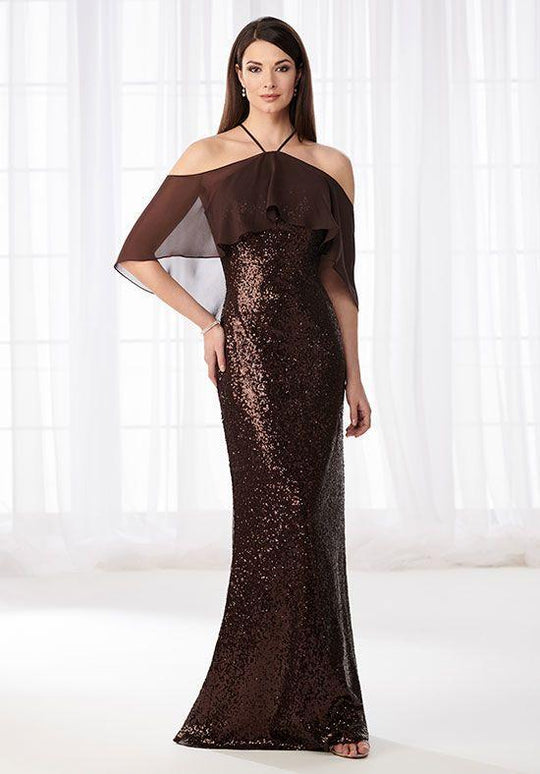 Cameron Blake - 218605 Halter - Off Shoulder Sequin Evening Gown in Brown