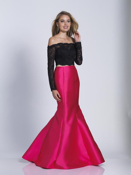 Dave & Johnny - 3402 Two Piece Lace Off-Shoulder Mermaid Dress in Black and Pink