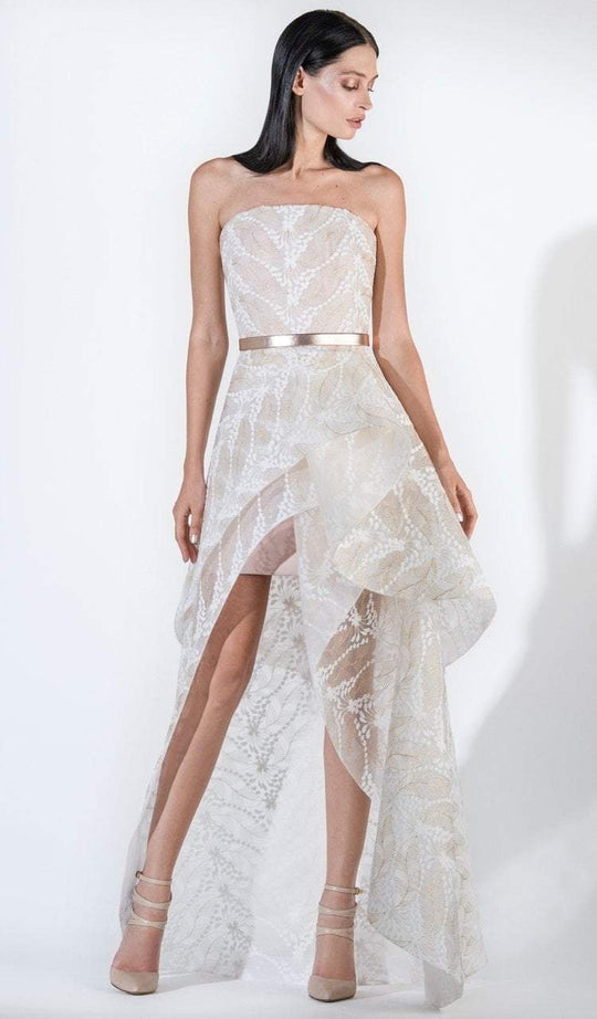 3402 Strapless Draping High Low Metallic Tulle Gown