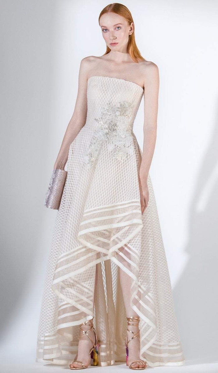 3403 Strapless Lattice Tulle Brode High Low Gown