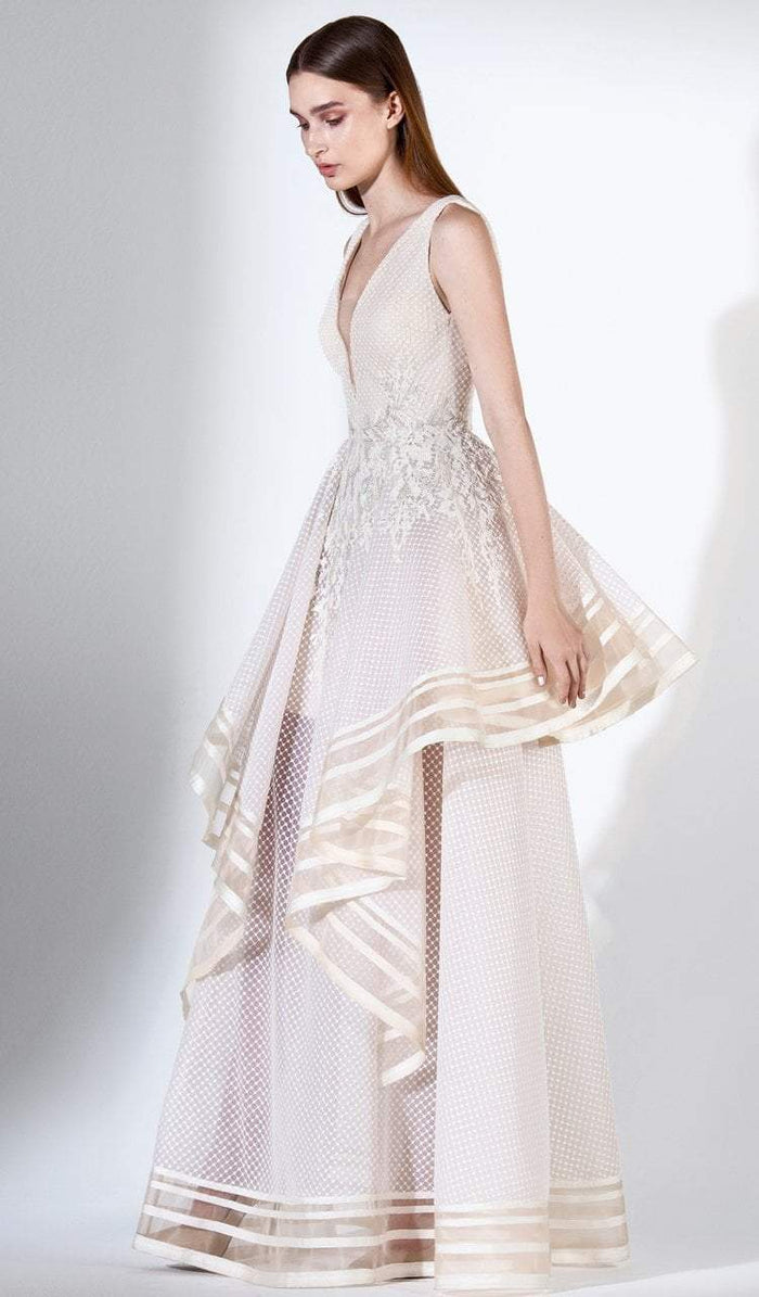 3404 Plunging V-Neck Asymmetrical Hemmed A-Line Gown