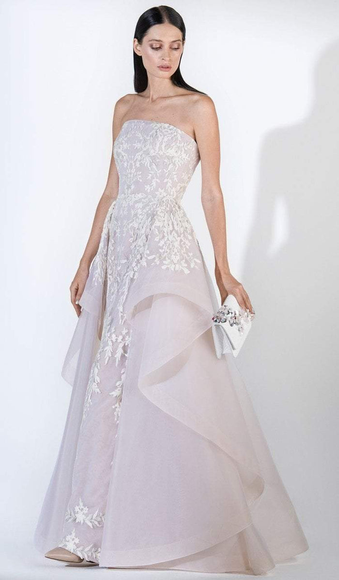 3405 Strapless Trailing Floral Adorned Tulle Gown