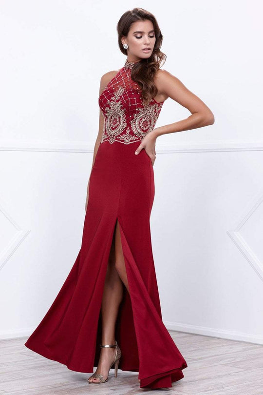 Nox Anabel - Halter Illusion Long Gown with Slit in Red