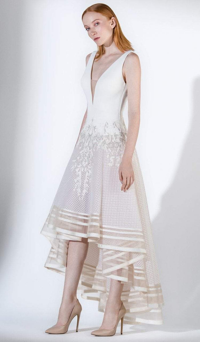 3406 Plunging V-Neck Appliqued High Low A-Line Gown