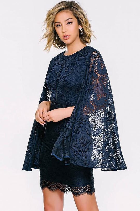 34071 Lacy Draped Jewel Neck Sheath Dress