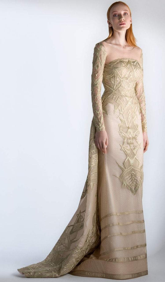 3409 Long Sleeve Embroidered Back Paneled Gown