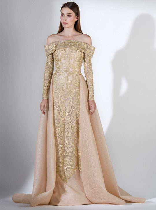 3411 Off Shoulder Long Sleeves Gown with Overskirt