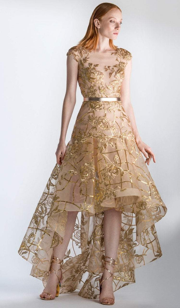 3413 Sheer Gold Sequined High Low Gown