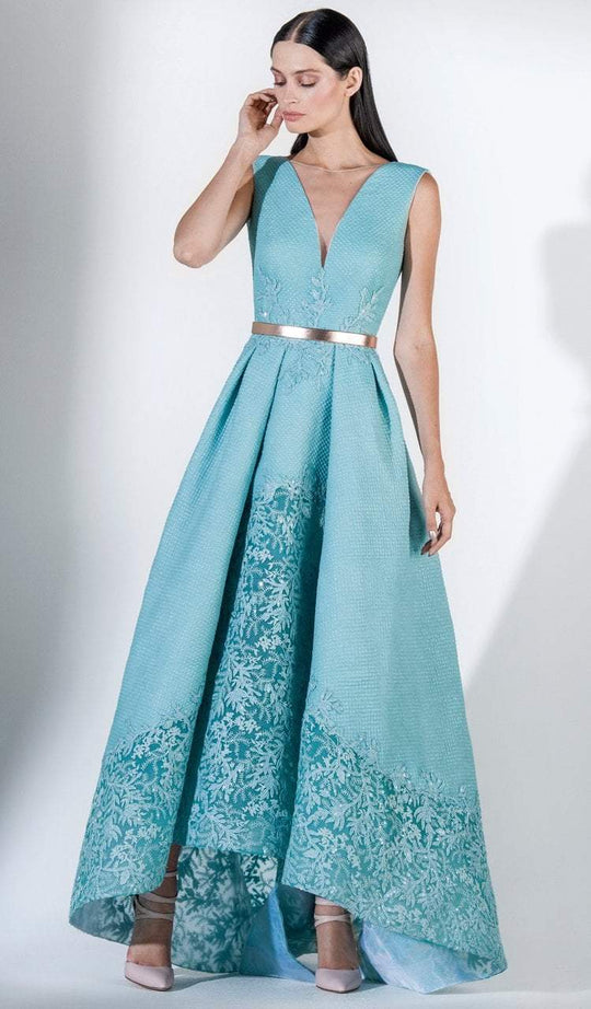3414 Sleeveless V Neckline High Low Brocade Gown