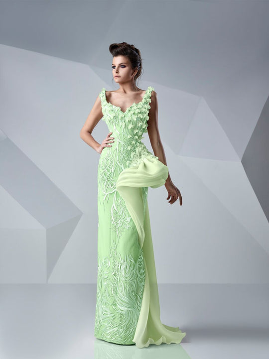 MNM Couture - Embroidered Petals Sheath Gown G0654 in Green