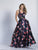 Dave & Johnny - 3419 Floral Printed Deep V-neck A-line Dress in Blue and Print