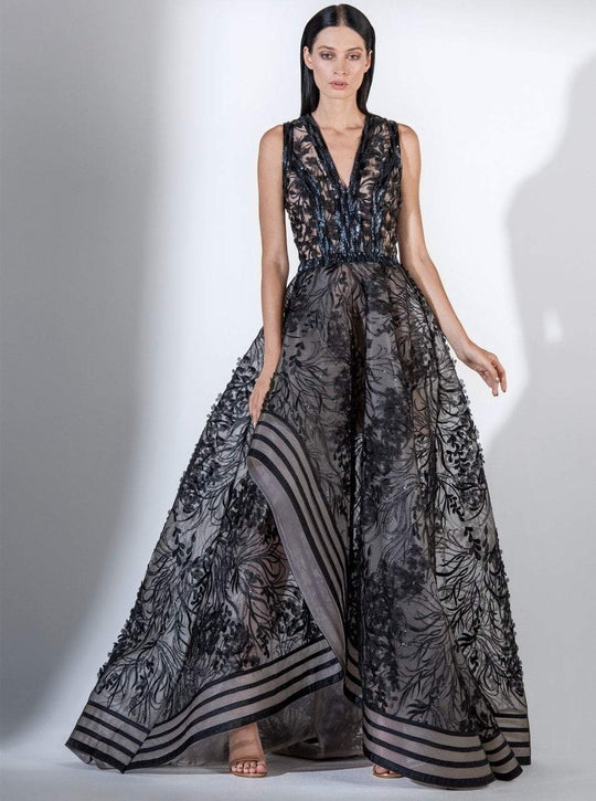 3420 Embellished Floral Applique V-neck Ballgown