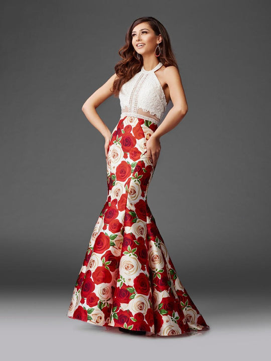 Clarisse - 3423 Laced Halter Neck Floral Print Mermaid Gown in White and Print
