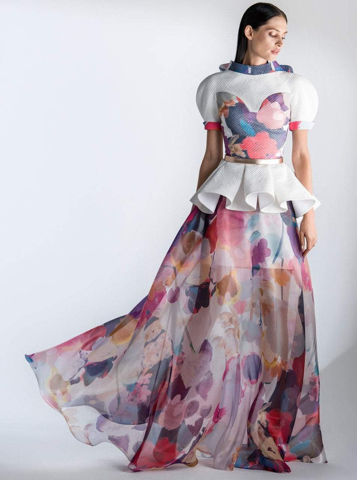 3425 Bubble Sleeve Multi-Colored Brocade A-line Dress