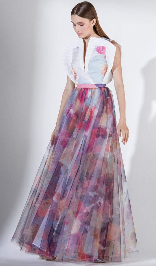 3431 V-neck Multi-Colored Brocade and Tulle Dress