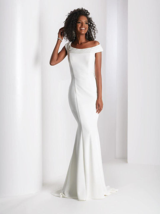 Clarisse - 3432 Beaded Off-Shoulder Trumpet Dress in White