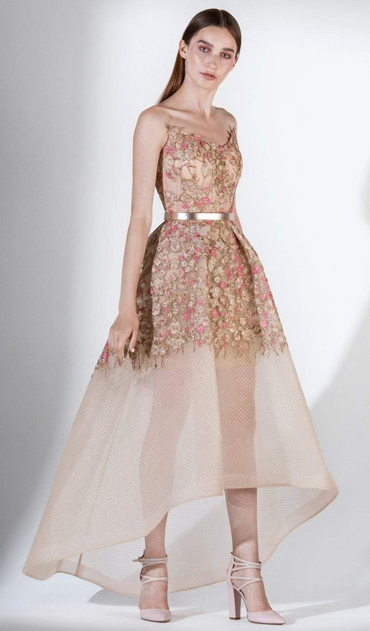 3433 Applique V-neck High Low A-line Dress