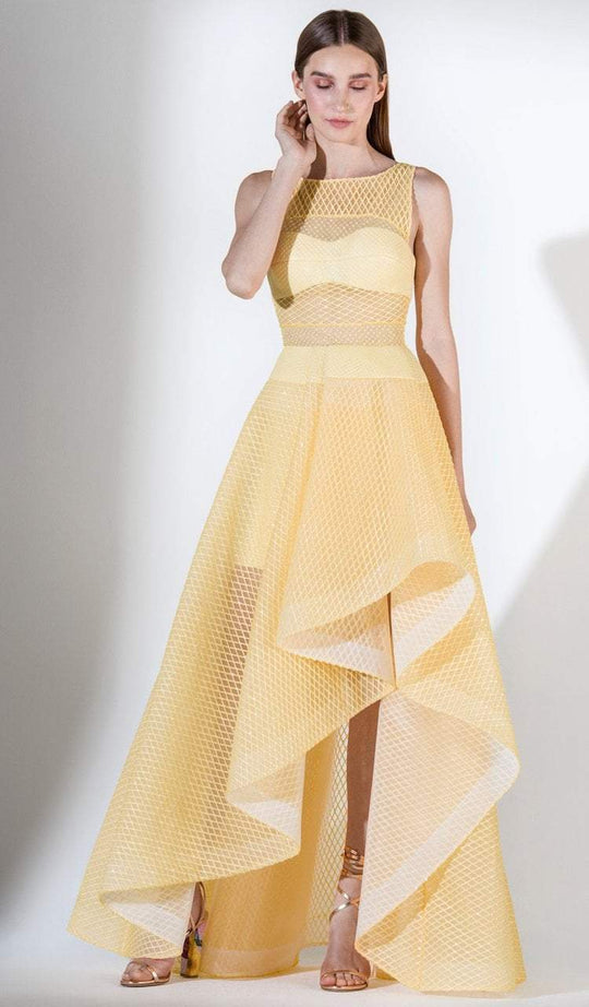 3438 Brocade and Tulle Bateau High Low A-line Dress