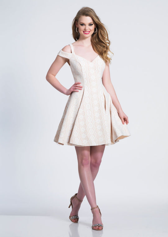 Dave & Johnny - 3438 Portrait Neck Lace A-Line Cocktail Dress In White and Neutral