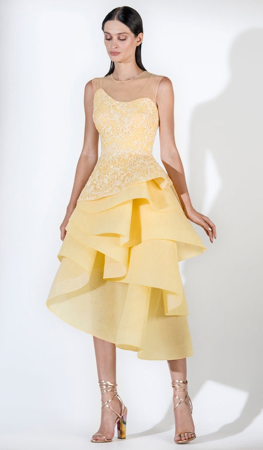 3440 Wavy Ruffled Skirt Sleeveless Tea Length Dress