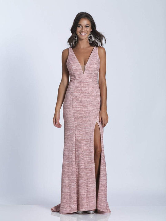 Dave & Johnny - 3441 Lattice Accented Plunging Sheath Gown in Pink