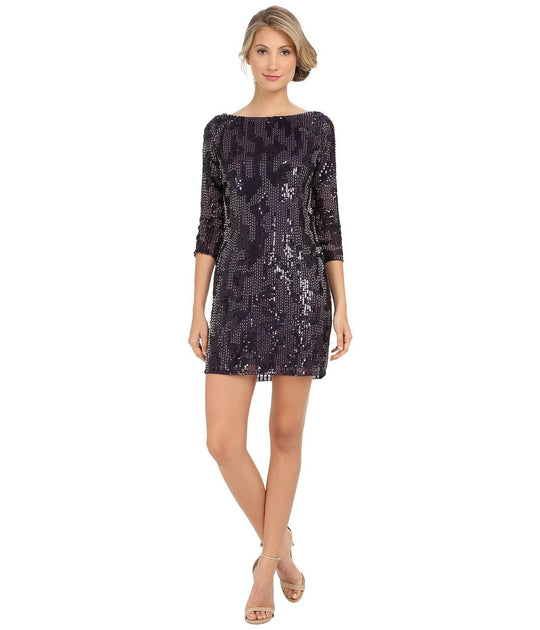 Adrianna Papell - Sequined Quarter Sleeve Dress 41901082 in Purple