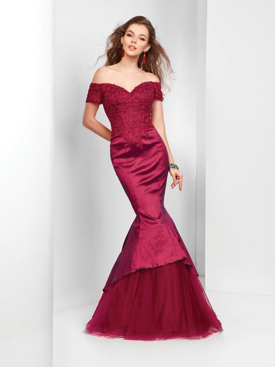 Clarisse - 3447 Off-Shoulder Taffeta Mermaid Gown in Red