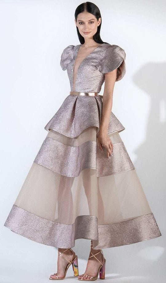 3449 Split Puff Sleeve Metallic Brocade Peplum Gown