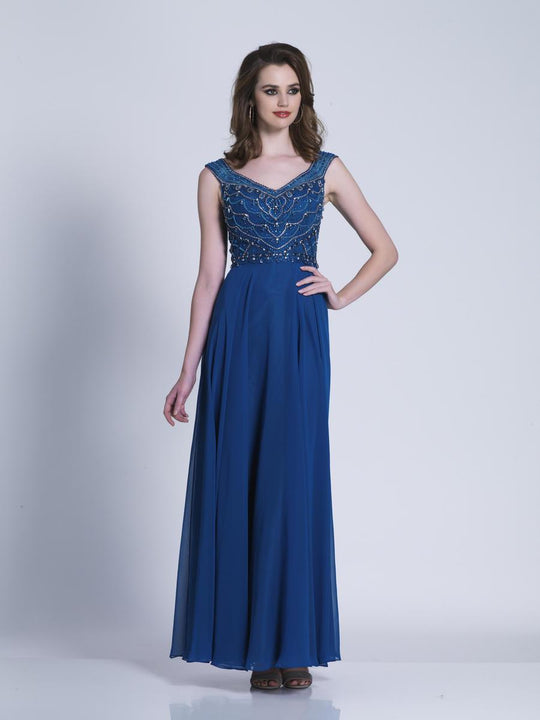 Dave & Johnny - 3451W Embellished Wide V-neck A-line Dress in Blue