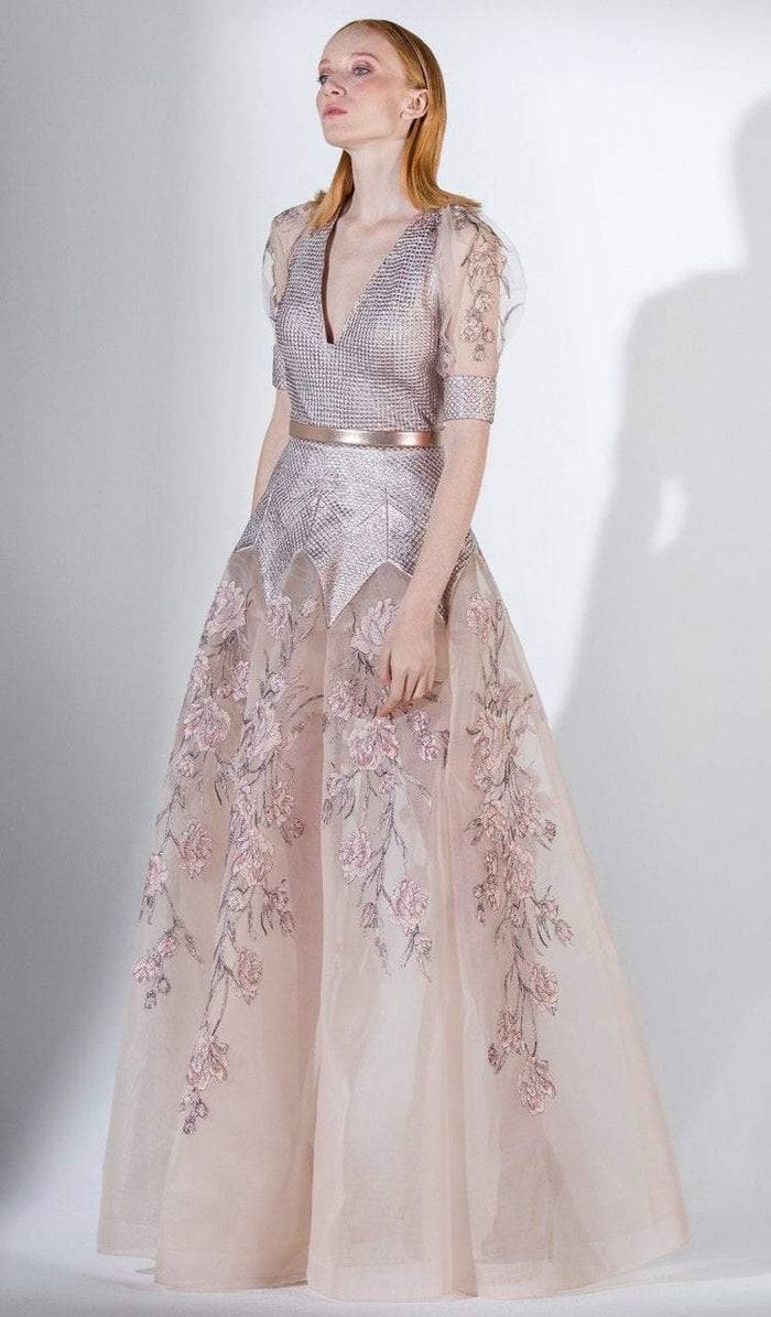 3451 Illusion Puffed Sleeve Embroidered Metallic Gown