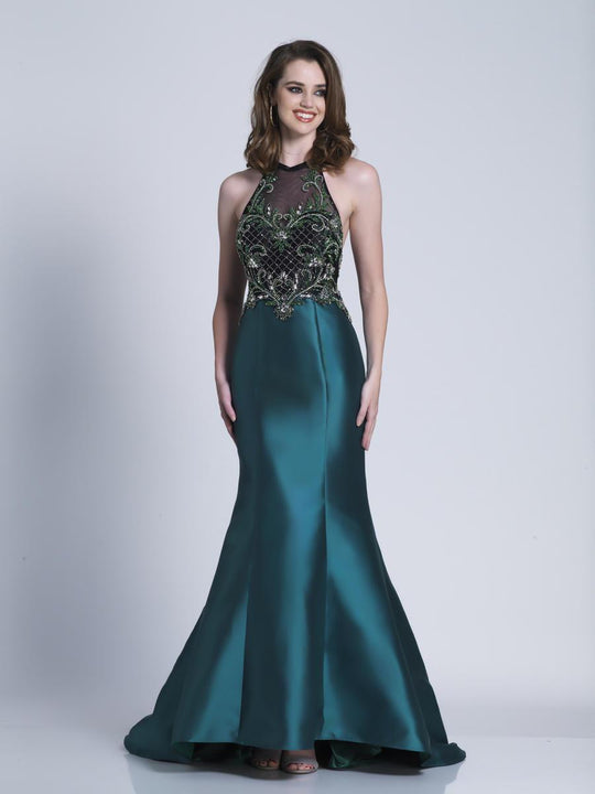 Dave & Johnny - 3454 Embellished Sheer Halter Mermaid Dress in Green