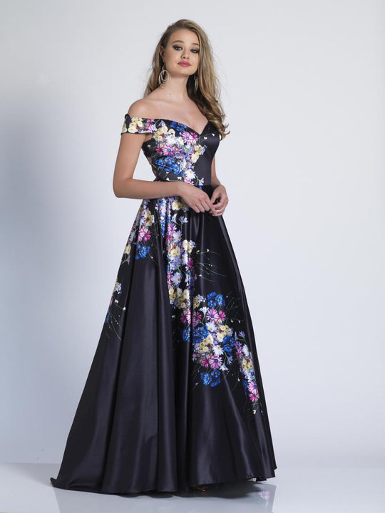 Dave & Johnny - 3455 Floral Printed Off-Shoulder A-line Dress in Black and Print