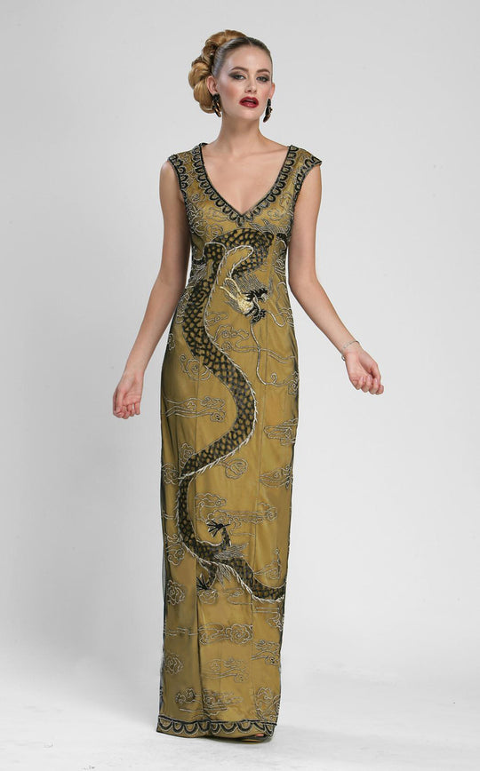 Sue Wong - Embroidered V Neck Long Gown N3437 in Black and Gold