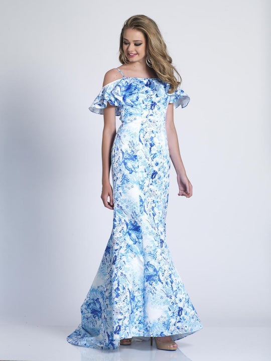 Dave & Johnny - 3458 Printed Ruffled Mermaid Dress in Print and Blue