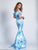 Dave & Johnny - 3458 Printed Ruffled Mermaid Dress in Print and Blue