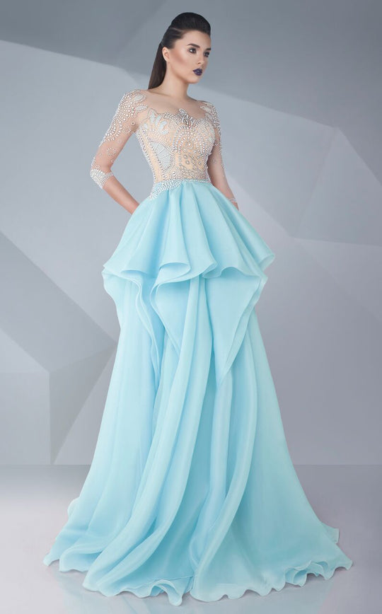 MNM Couture - Crystal Festooned Illusion Gown G0600 in Blue