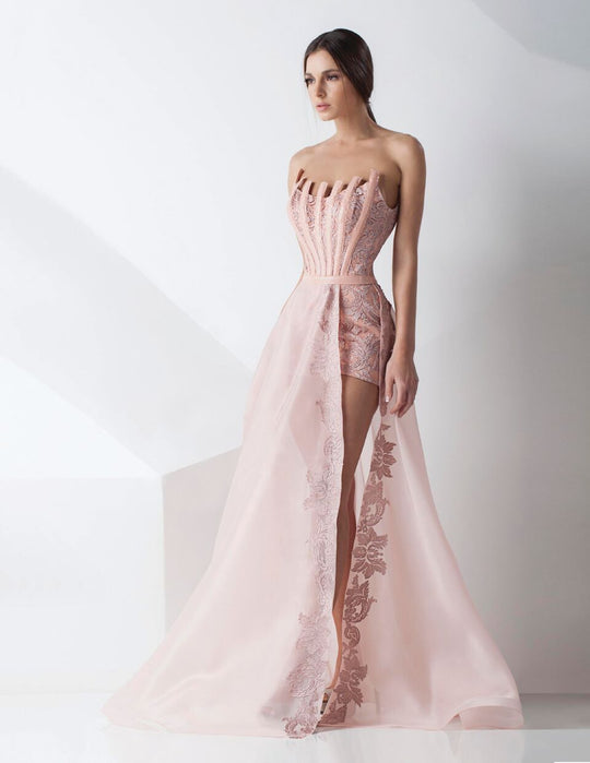 MNM Couture - Sheer Brocade A-Line Gown G0773 in Pink