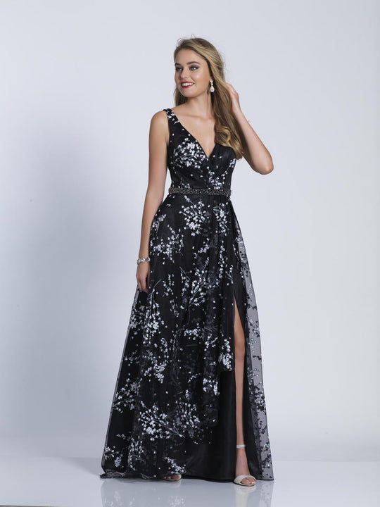 Dave & Johnny - 3462 Embellished Deep V-neck A-line Dress in Black