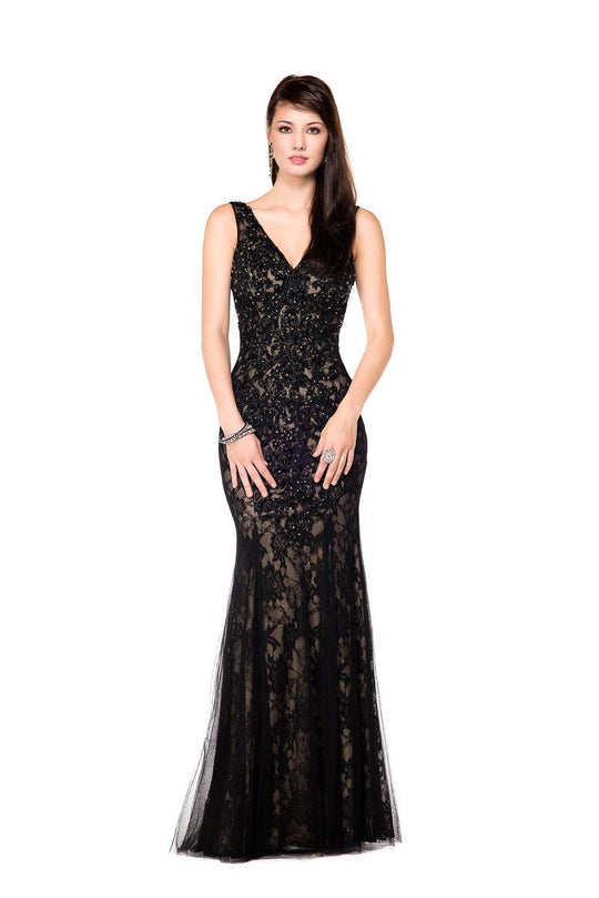 Glow by Colors - G346 Lace Embellished V-Neck Trumpet Dress in Black
