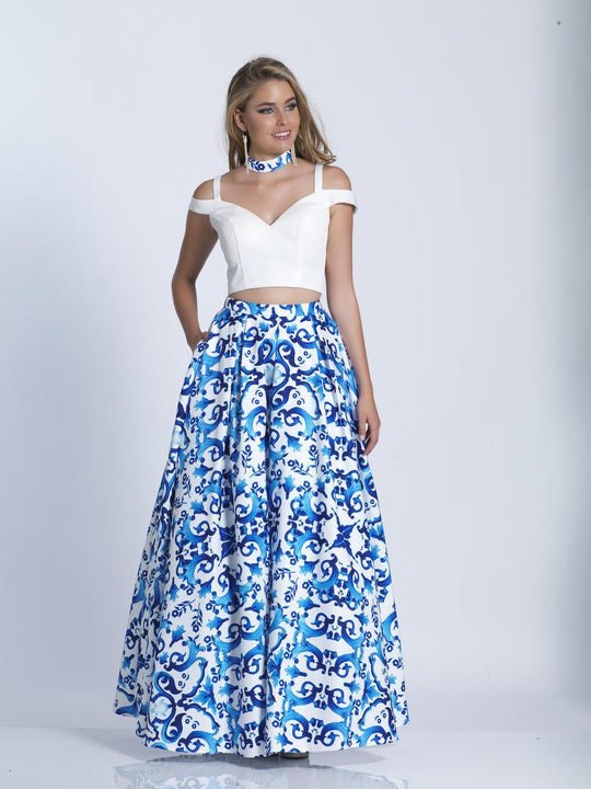 Dave & Johnny - 3473 Two Piece V-neck Printed A-line Dress in White and Blue
