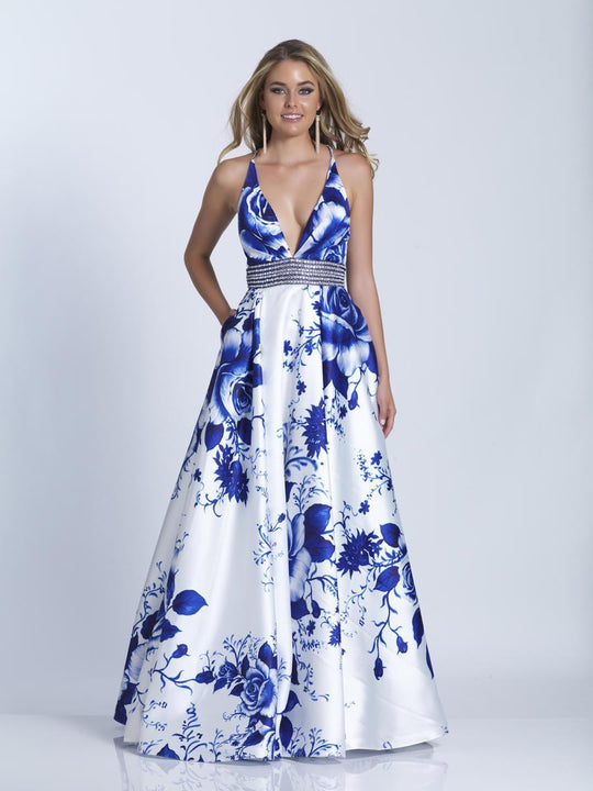 Dave & Johnny - 3474 Deep V-neck Floral Printed A-line Dress in White and Blue