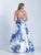 Dave & Johnny - 3474 Deep V-neck Floral Printed A-line Dress in White and Blue