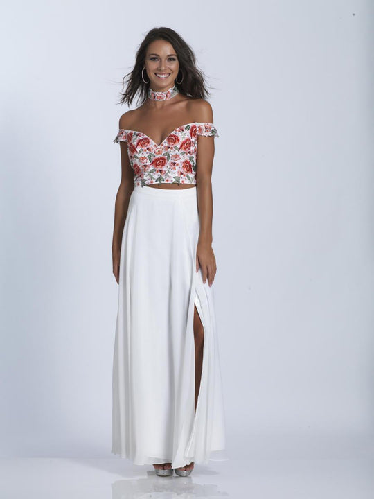 Dave & Johnny - 3480 Floral Applique Two Piece A-line Dress in White and Blue