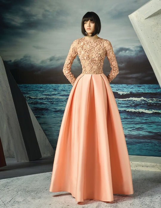 MNM Couture - Adorned Illusion A-Line Gown G0814 in Orange