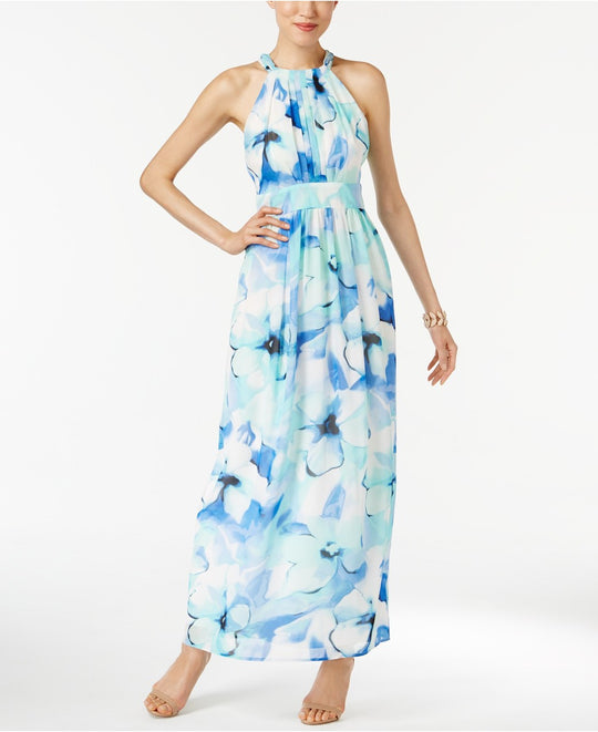 Nine West - 10636046 Floral Chiffon Maxi Dress in Blue and Multi-Color