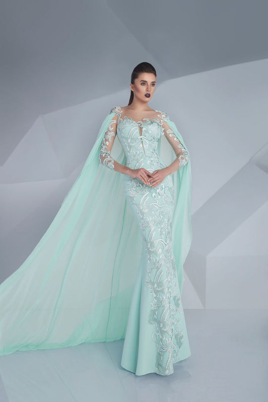 MNM Couture - Embroidered Illusion Cape Gown G0603 in Green