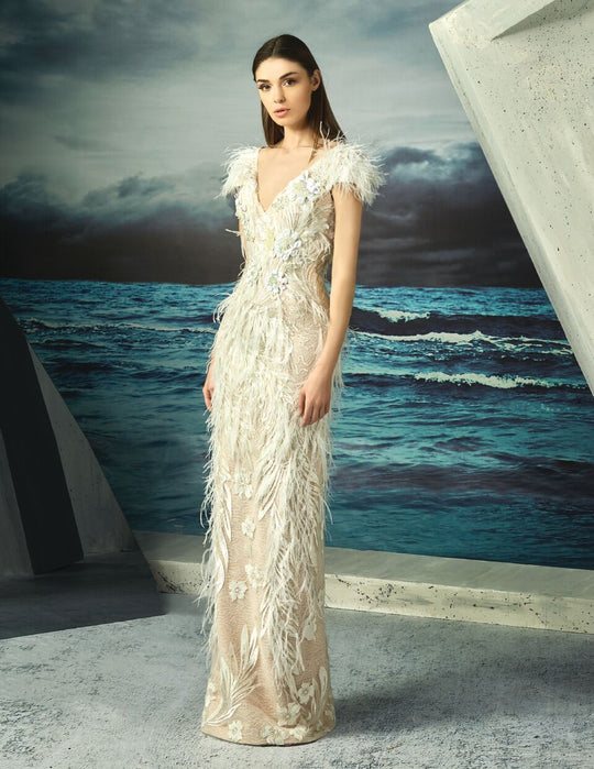 MNM Couture - Feather Fringed Sheath Gown G0827 in White